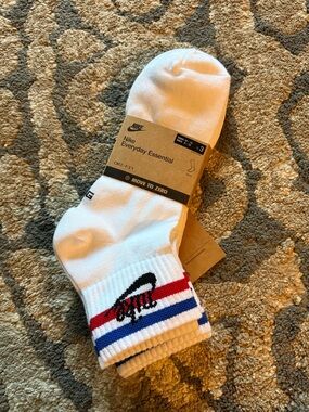 Nike White Crew Athletic Socks with Red & Blue Stripes